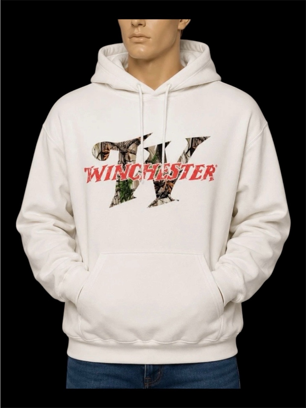 Winchester Men's White Pullover Hoodie Sweatshirt with Camo Logo size XL